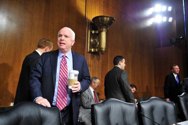 Ranking member on the Senate Armed Services Committee John McCain (R-AZ) arrives for a Senate Armed Services Committee hearing on the ongoing political unrest in Syria in Washington, D.C. on March 7, 2012.  WAP20120307336