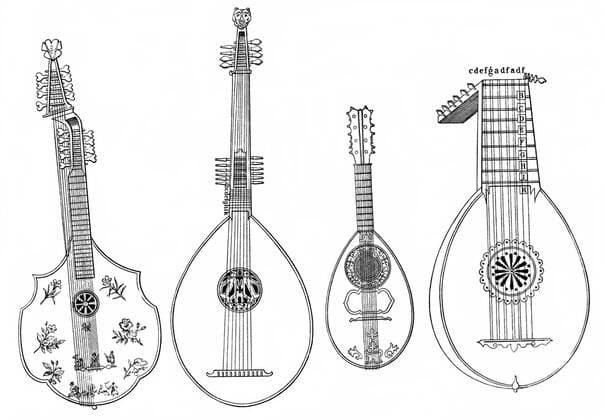  Historische Zeichnung, verschiedene Formen der Laute, Mandoline und Theorbe, alte Saiteninstrumente iblhdf02250641