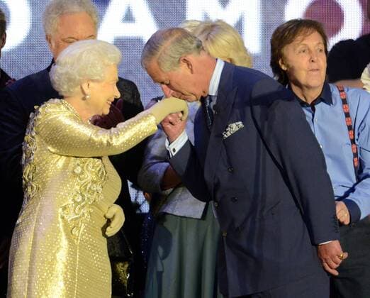 The Queen Elizabeth, Prince Charles of Wales and Paul McCartney at the Diamond Jubilee Concert held at Buckingham Palace, London on Monday, 4th June 2012.  SLK