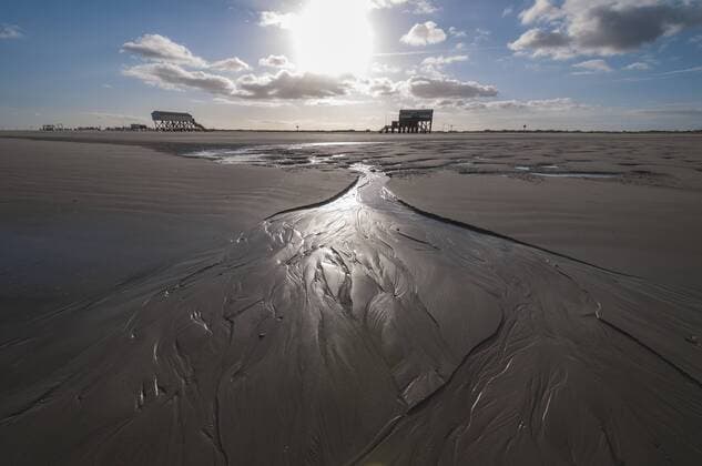 Strand von Sankt Peter-Ording in der Morgensonne, hinten Pfahlbauten, Nordseestrand, Schleswig-Holstein, Deutschland, Europa iblcag02270614