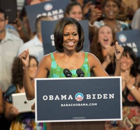 Berühmte Feministinnen, Michelle Obama First Lady Michelle Obama delivers remarks at a campaign event at Barbara Goleman High School in Miami Lakes, Florida on July 10, 2012. The First Lady spoke about what is at stake in this election for Floridians.  MIA20120710105