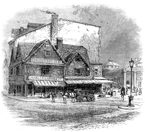Historische Zeichnung aus der US-amerikanischen Geschichte im 18. Jahrhundert, altes Haus in Boston, in dem die Verschwörung zur Boston Tea Party, 1773, stattfand, Massachusetts, Neuengland, USA iblhdf02279831