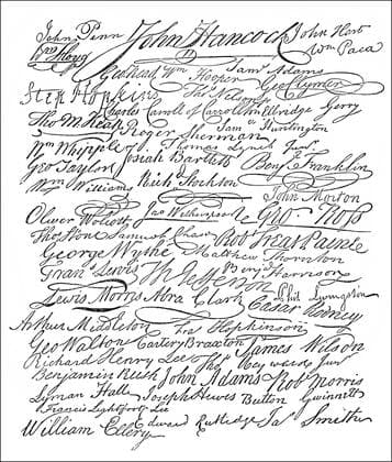 Historisches Faksimile aus der US-amerikanischen Geschichte im 18. Jahrhundert, Unterschriften der Unabhängigkeitserklärung der Vereinigten Staaten von Amerika oder The Unanimous Declaration of The Thirteen United States of America, Proklamation der dreizehn britischen Kolonien in Nordamerika am 4. Juli 1776 zur Loslösung von Großbritannien iblhdf02281163