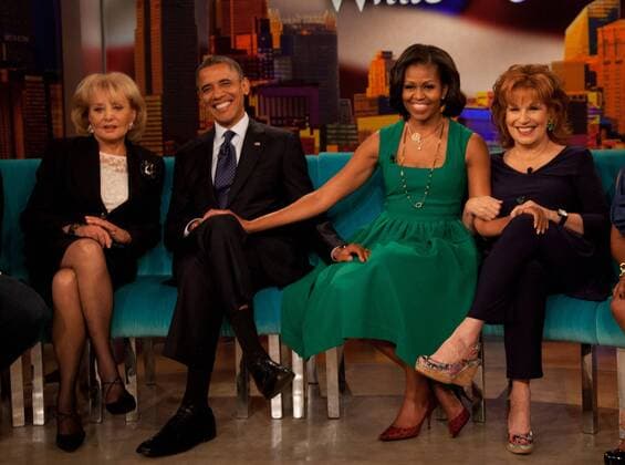 President Barack Obama and first lady Michelle Obama visits the set of The View on ABC-TV in in Manhattan, New York on September 24, 2012. From left: Barbara Walters, president, first lady, Joy Behar. The president is in town for the 67th session of the General Assembly of the United Nations.  NYX20120924102RR