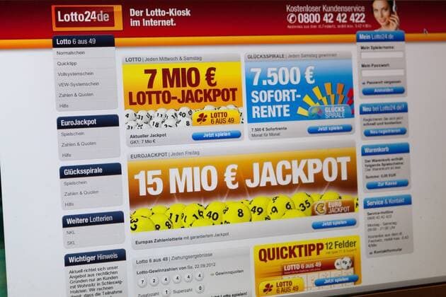 Internet Auftritt der Lotto24 AG Hamburg; diese ist ein Spin-Off der Tipp24 SE für das Deutsche Lottogeschäft. Aktuell richtet sich das Angebot aus rechtlichen Gründen nur an Kunden mit Wohnsitz in Schleswig-Holstein. Lotto24 hat aber die Lizenz zum Betrieb von Online-Lotto erhalten. In 15 von 16 Bundesländern darf der Anbieter zukünftig an den Start gehen. Startseite mit Hinweis auf Jackpot bei Lotto und Eurojackpot