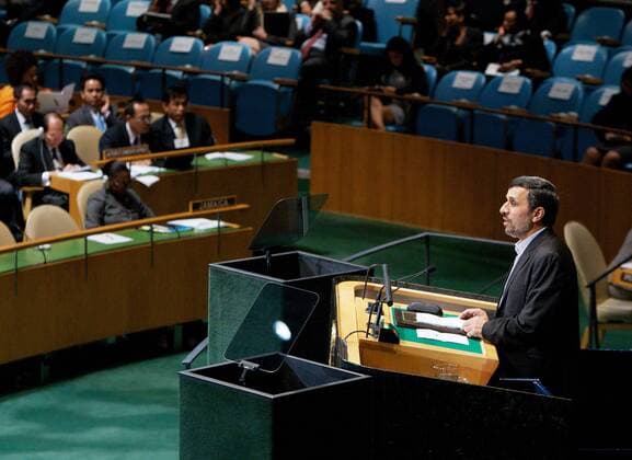 Mahmoud Ahmadinejad, president of Iran, addresses the 67th session of the General Assembly at the United Nations on September 26, 2012 in New York City.  NYP20120926319