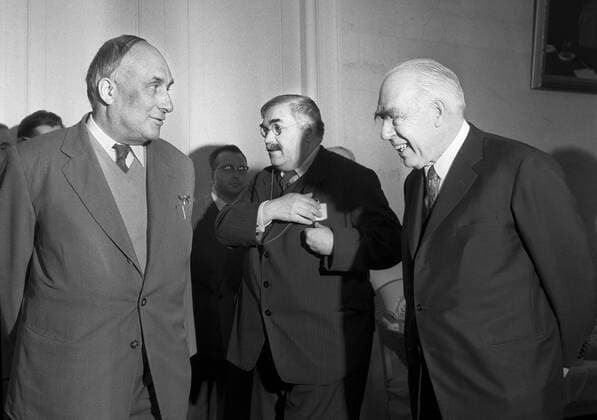 Moscow. USSR. Presidium of the Soviet Academy of Sciences, L-R: President of the Soviet Academy of Sciences Alexander Nesmeyanov, academician Vladimir Fok and Danish physician Niels Bohr.  TASS_1405825