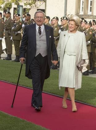 king constantin II and queen anne marie of greece before the religious wedding ceremony of Prince Guillaume, Hereditary Grand Duke of Luxembourg, and Countess Stephanie de Lannoy at Notre-Dame Cathedral in Luxembourg city, Luxembourg, 20 October 2012 