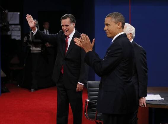 BOCA RATON, FLORIDA, Oct. 22, 2012 - U.S. President Barack Obama (R) and Republican presidential candidate Mitt Romney (L) attend their third and final presidential debate at Lynn University in Boca Raton, Florida, on Oct. 22, 2012. (Xinhua Pool Rick Wilking) (lr) U.S.-FLORIDA-PRESIDENTIAL DEBATE 