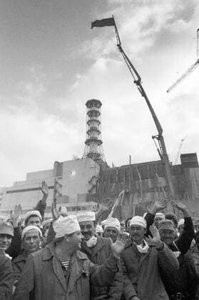 Slavutich. Ukrainian SSR. USSR. Workers of construction association 605 gathered at the meeting to celebrate the end of a construction phase of the Chernobyl Nuclear Power Plant sarcophagus over Reactor 4 of the Chernobyl Nuclear-Power Plant.  TASS_1473081
