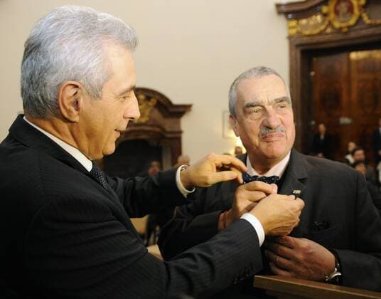 Minister-President of Saxony Stanislaw Tillich (left) awarded Czech Foreign Minister Karel Schwarzenberg with The Saxon Order of Merit in Prague, Czech Republic, December 7, 2012. (CTKxPhoto StanislavxZbynek) CTKPhotoP201212070779001  zby 4