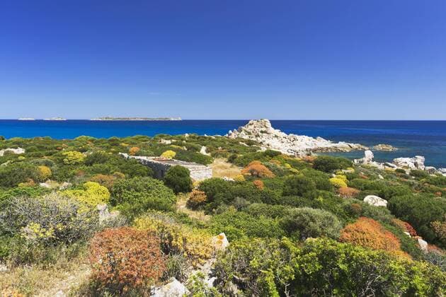  Haus und Macchia am Strand von Punta Molentis, Villasimius, Sarrabus, Provinz Cagliari, Sardinien, Italien, Europa ibljun02399790