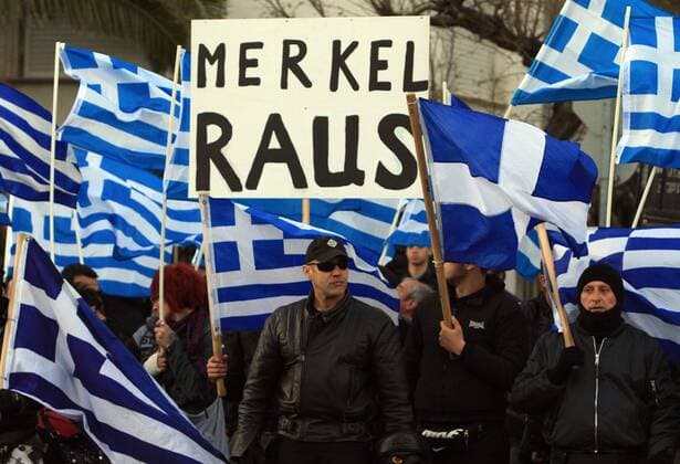 Merkel Out - Supporters of the ultra-right party Golden Dawn during a protest outside the Germany embassy in Athens on March 22, 2013 - ©xPanayiotisxTzamarosx xFosphotos 