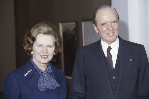 Margaret THATCHER, Premierministerin des Vereinigten Koenigreichs, hier mit Bundespräsident Karl CARSTENS