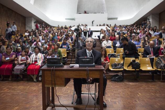(130501) -- GUATEMALA CITY, 2013 (Xinhua) -- Former Guatemalan President Jose Efrain Rios Montt (Front) attends a trial against him at the Supreme Court in Guatemala City, Guatemala, April 30, 2013. President of Higher Risk s First A Court Yassmin Barrios held an audience complying with Constitutional Court s resolution to continue trial after it has been suspenden by legal resources, according to local press.(Xinhua Luis Echeverria) (zhf) GUATEMALA-GUATEMALA CITY-TRIAL 