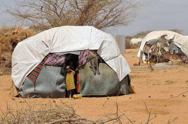 Ein somalisches Flüchtlingskind schaut im Flüchtlingslager Ifo in Dadaab (Kenia) am 02.08.2011 aus dem Zelt. Das Flüchtlingslager im Nordosten Kenias ist für viele Somalier das Ende einer langen Reise - sie sind aus ihrer Heimat wegen der anhaltenden Dürre geflohen. Viele sind bis zu drei Wochen zu Fuß unterwegs, um das Camp zu erreichen, das mit rund 400.000 Flüchtlingen bereits am äußersten Rand seiner Kapazitäten ist. Manche warten Wochen, bis sie offiziell als Flüchtling aufgenommen werden können - der Andrang ist einfach zu groß. Rund 1.300 neue Flüchtlinge kommen täglich hinzu. Die Registrierung, die Flüchtlingen einen Platz im Camp und regelmäßige Essensrationen verschafft, lässt sich auch unter Lebensgefahr niemand entgehen. Seit 20 Jahren zieht Dadaab Somalier an, die erst vor Krieg und Anarchie flohen und jetzt vor dem Hunger. Drei Camps gibt es offiziell in der höchst kargen, 368834 EDITORIAL USE ONLY