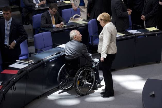 Wolfgang Schäuble, Angela Merkel, Bundestag DEU, Deutschland, Germany, Berlin, 27.06.2013 Wolfgang Schäuble, Bundesfinanzminister CDU, und Bundeskanzlerin Angela Merkel CDU im Plenarsaal Deutscher Bundestag in Berlin, anlaesslich ihrer Regierungserklärung zum Thema Abschluss g8-Gipfel und zum bevorstehenden Europaeischen Rat. Plenarsaal Deutscher Bundestag, Deutschen Bundestag, Plenum, Deutscher Bundestag, Parlament, Bundestagsdebatte, Plenardebatte, Deutsche Politik, Bundespolitik, 2013, Europa, Feature, Regierung, Regierungsbank, Debatte, Schäuble Wolfgang Schäuble, Federal German Minister of Finance, CDU, and Chancellor Angela Merkel, during a debate inside the German parliament Deutscher Bundestag. German parliament, Germany, Europe, Politics, government.