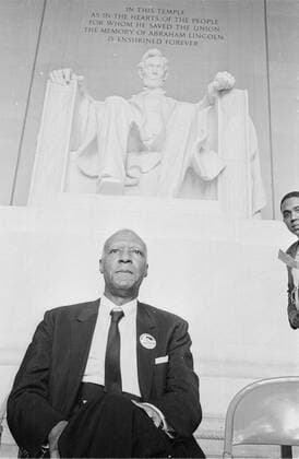 28 August 1963 Civil Rights Leader - A. Philip Randolph - in front of the statue of Abraham Lincoln, the President who freed the slaves. Over 200.000 civil rights demonstrators marched into the heart of Washington DC by the Lincoln Memorial where Martin Luther King addressed the crowd with his historic I Have A Dream speech. Â UnitedArchives00115334 