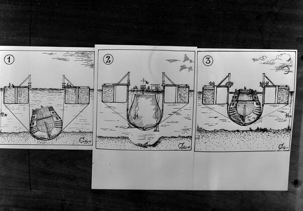 Diagram at left shows one final lifting of the 17th century Vasa . Heavy nine-inch wires are drawn under the old oak hull deep into the mud covering the bottom of the Stockholm waterfront. Centre - the two pontoons are drained and the ship rises three metres . New wires are put under the hull and it is again lowered to the bottom. Right - during the lifting of the Vasa whe will be towed gradually into less deep water . All the time , divers are working to repair all small leakages. When the upper deck reaches the surface , the draining starts. 17 April 1961 UnitedArchives00121813 