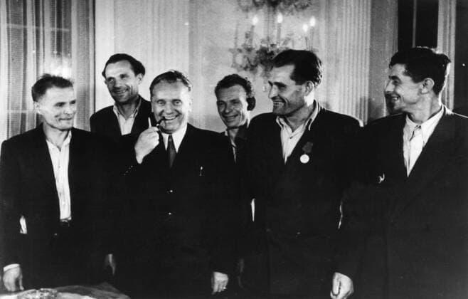 Marshal Josip Broz Tito with Yugoslavia s best miners - belgrade September 1949 UnitedArchives00381988 