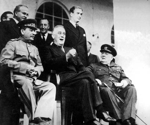 At the Tehran Conference A group at the Tehran Conference, front left to right, Marshall Stalin, President Roosevelt and Sir Winston Churchill. In the back are, from left, Mr Molotov and Sir Anthony Eden. 1 December 1943 UnitedArchives00434491 