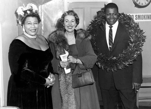 IMAGO ICONS: Ella Fitzgerald Jazz greats at the Royal Albert Hall, London, 23rd February 1955. Ella Fitzgerald, Vera Lynn and Oscar Peterson. UnitedArchives00499560 