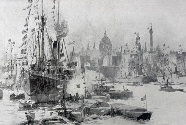 London celebrating relief of Mafeking in the Boer War with the decorating of ships in the Thames 18th May 1900 drawn by Charles Wyllie UnitedArchives00551700 