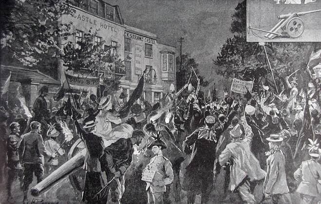 Hampstead celebrating relief of Mafeking in the Boer War outisde Jack Straw s Castle which included a imitation naval gun (illustrated in corner) 18th May 1900 drawn by A Pearse UnitedArchives00551702 