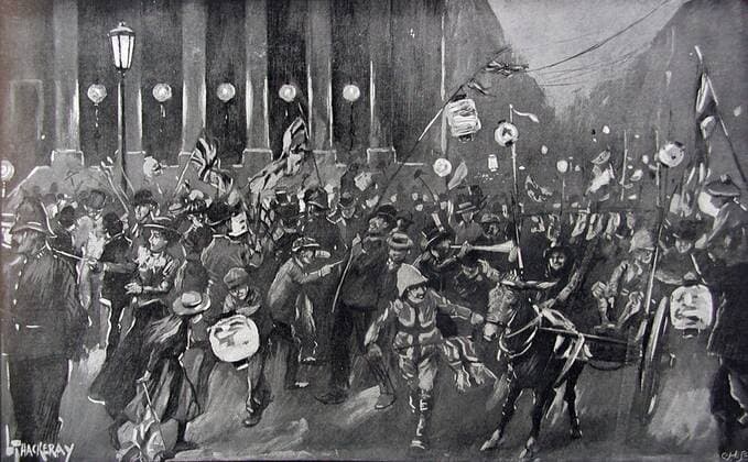 The crowd at Mansion House, London celebrating as the wait for the Lord Mayor to speak about the relief of Mafeking in the Boer War. 18th May 1900 drawn by L Thackeray UnitedArchives00551705 