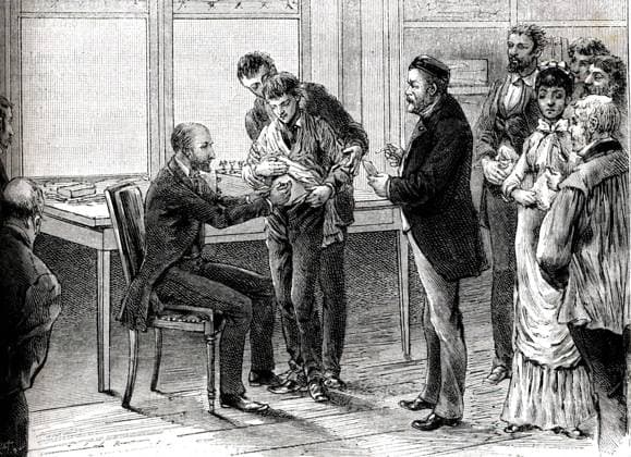 People queueing in the laboratories of Louis Pasteur for the vaccination against rabies . Paris 1885, Krankheit, krank UnitedArchives00599572 