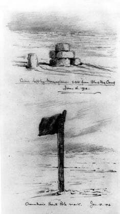 Drawings made in January 1912 of markers left by Amundsen and the Norwegians at the South Pole: Cairn of stones near Black Flag Camp and Amundsen s South Pole mark, a wooden flagpole. UnitedArchives00799199 