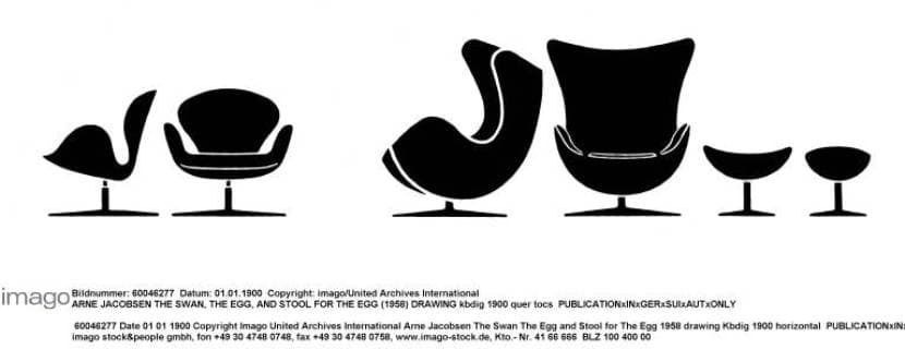 Designklassiker von Arne Jacobsen ARNE JACOBSEN THE SWAN, THE EGG, AND STOOL FOR THE EGG (1958) DRAWING UnitedArchives00849962 