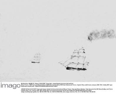 Mount Terror 10800 feet and Mount Erebus 12300 feet discoverd by HM Ships Erebus and Terror, Captain Ross and Crozier January 28th 1841. UnitedArchives00868976 