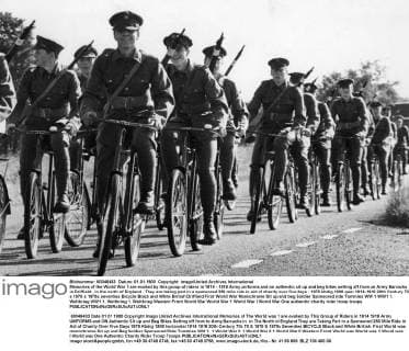 Memories of the World War 1 are evoked by this group of riders in 1914 - 1918 Army uniforms and on authentic sit up and beg bikes setting off from an Army Barracks in Driffield , in the north of England . They are taking part in a sponsored 250 mile ride in aid of charity over five days . 1979 UnitedArchives00871013 