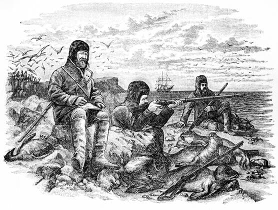 Drawing taken from the photo of Mr Wild seated on rock at Kerguelen making a drawing of Royal Sound UnitedArchives00909163 