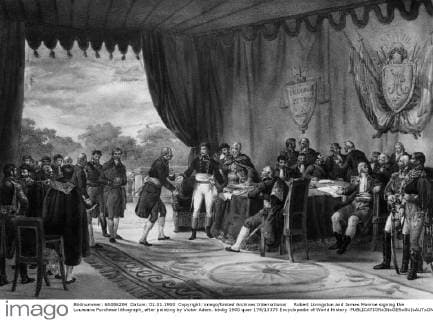 Robert Livingston and James Monroe signing the Louisiana Purchase lithograph, after painting by Victor Adam. UnitedArchives00921991 