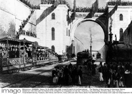 IMAGO History, Die Geburt des Eisenbahnverkehrs: 1802-1830 The Opening of the Liverpool & Manchester Railway September 15th 1830 with the Moorish Arch at Edge Hill as it appeared on that day , Eisenbahn, Zug, Bahnsteig, Schiene, Gleis, Zug, Transport, Personenbeförderung, Passagier, Bahnfahrer, bahnfahren, UnitedArchives00924130