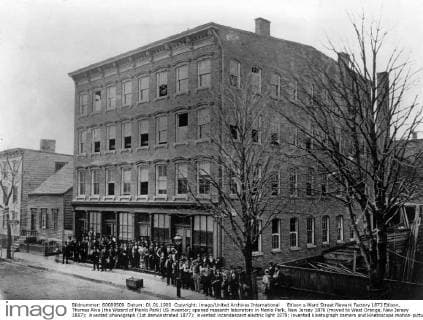 Edison s Ward Street Newark Factory 1873 Edison, Thomas Alva (the Wizard of Menlo Park) US inventor; opened research laboratory in Menlo Park, New Jersey 1876 (moved to West Orange, New Jersey 1887); invented phonograph (1st demonstrated 1877); invented incandescent electric light 1879; invented kinetograph camera and kinetoscope motion-picture viewer (patented 1891) _1847-1931 UnitedArchives00925488 