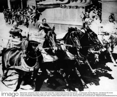 A scene from the film Ben Hur - the famous 40 minute chariot race, filmed over three months in an 18 acre , five storey high arena with two 30 foot statues , 8000 extras and 78 specially trained horses 16 December 1959 UnitedArchives00933699 