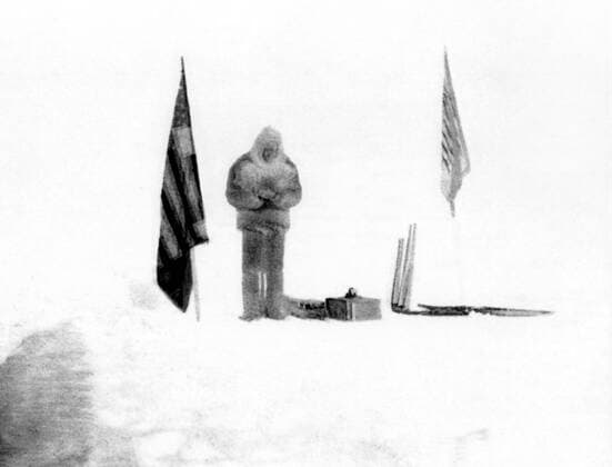 Robert Peary with chronometre, sextant, artificial horizon, etc., at the North Pole. Robert Edwin Peary (May 6, 1856 - February 20, 1920) was an American explorer who claimed to have been the first person, on April 6, 1909, to reach the geographic North Pole -- a claim that has subsequently attracted much criticism. Â UnitedArchives00934208 