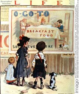 Life Magazine - Volume LVI No 1447 Dyspeptic s Number Small children and a dog look upon an advert for Porridge 21 July 1910, 1900er, Jahrhundertwende, 20. Jahrhundert UnitedArchives00934844 