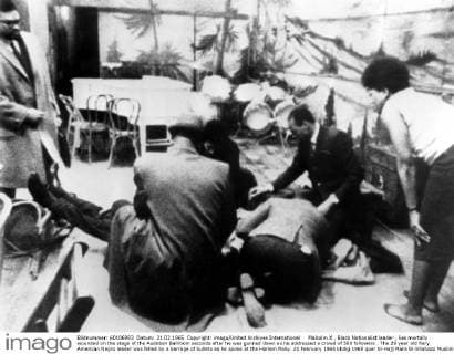 IMAGO History, U.S. Bürgerrechtsbewegung: 1954-1968 Malcolm X , Black Nationalist leader , lies mortally wounded on the stage of the Audobon Ballroom seconds after he was gunned down as he addressed a crowd of 500 followers . The 29 year old fiery American Negro leader was felled by a barrage of bullets as he spoke at the Harlem Rally. 21 February 1965 UnitedArchives00937031 