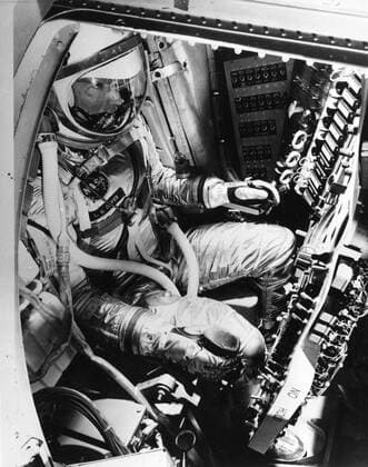 Getting ready for his 22 orbits. Gordon Cooper checking cockpit layout in the trainer. He is due to be blasted off the pade at Cape Canaveral on 14th May 1963 . he is due to make 22 orbits of theearth during his 34 hour flight. UnitedArchives00938053 