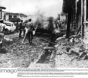 Nigerian troops are approaching the capital of Biafra , Umuahia and are firing with their artillery into the centre of the town. A street in Umuahaia after an artillery raid 18th April 1969  UnitedArchives00941286