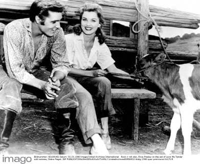 Rock n roll star, Elvis Presley on the set of Love Me Tender with actress, Debra Paget. INP  UnitedArchives00956910