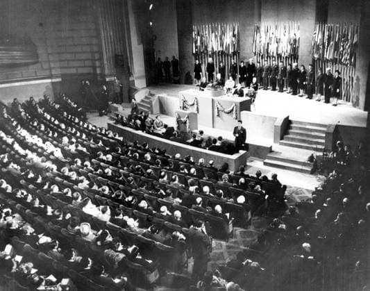 UN Charter Harry Truman speaking San Francisco 1945  UnitedArchives01005071