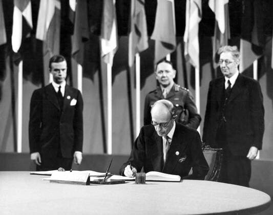 United Nations San Francisco Conference 1945 The Earl of Halifax, Ambassador to the United States, member of the Delegation from the United Kingdom, signing the Charter at a ceremony held at the Veterans War Memorial Building on 26 June  UnitedArchives01005072