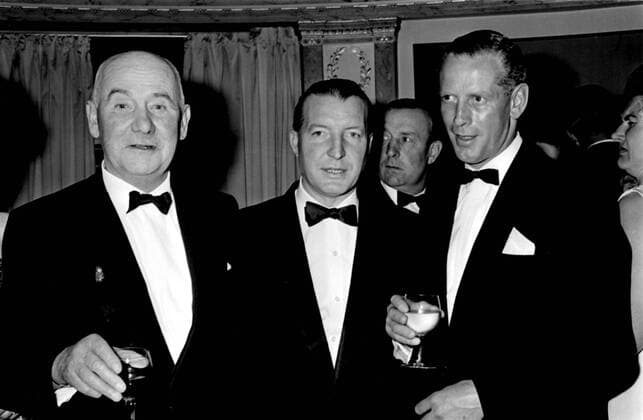 Charles Haughey. Horse of the Year Dinner. Left to right are the trainer Tom Draper, Irish Minister of Agriculture Charles Haughey and Jockey Pat Taafe. 23rd May 1966  UnitedArchives01005090