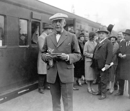 Captain Raold Amundsen leaving Victoria Station for New York on 3rd October 1925 - Roald Engelbregt Gravning Amundsen (July 16, 1872 - c. June 18, 1928) was a Norwegian explorer of polar regions. He led the first Antarctic expedition to the South Pole between 1910 and 1912. He was also the first person to reach both the North and South Poles. He is known as the first to traverse the Northwest Passage. He disappeared in June 1928 while taking part in a rescue mission. With Douglas Mawson, Robert Falcon Scott, and Ernest Shackleton, Amundsen was a key expedition leader during the Heroic Age of Antarctic Exploration. Â  UnitedArchives01161130