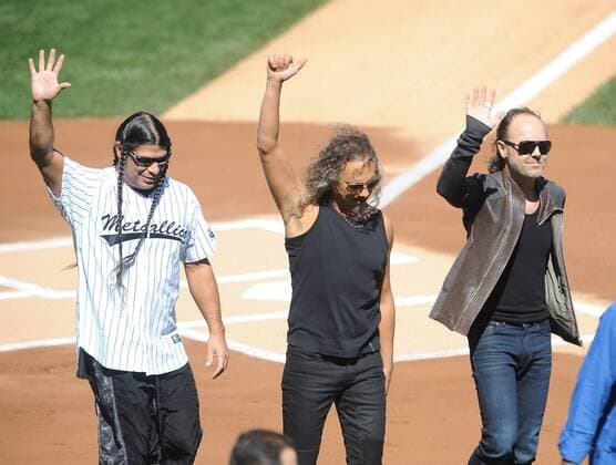 Robert Trujillo and Kirk Hammett and Lars Ulrich METALLICA PERFORMS AT MARIANO RIVERA DAY AT YANKEE STADIUM Bronx  NYPixs PicturePerfect